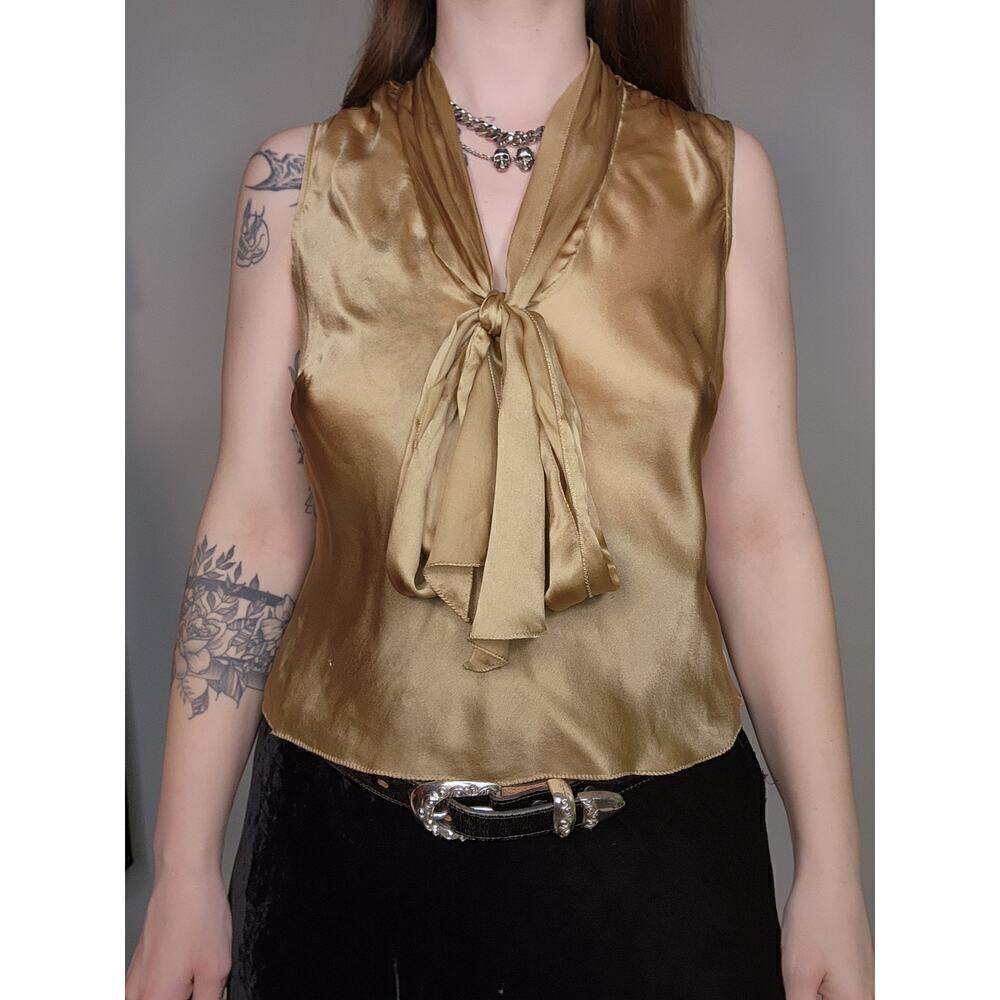 Y2k The Limited Gold Shimmery V-Neck Tie Front Poet Silk Croquette Tank Top Sz S - Picture 4 of 8